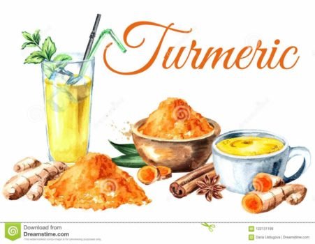 turmeric-card-ayurvedic-drink-golden-coconut-milk-iced-latte-mint-spicies-watercolor-hand-drawn-illustration-isolated-122131199