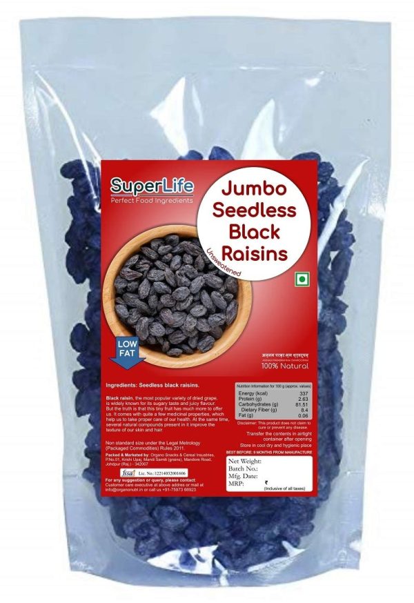 Organo Nutri Superlife Jumbo Black Seedless Raisins Kali Kishmish Indian Raisin Kismis Dry Grapes, 2 kg