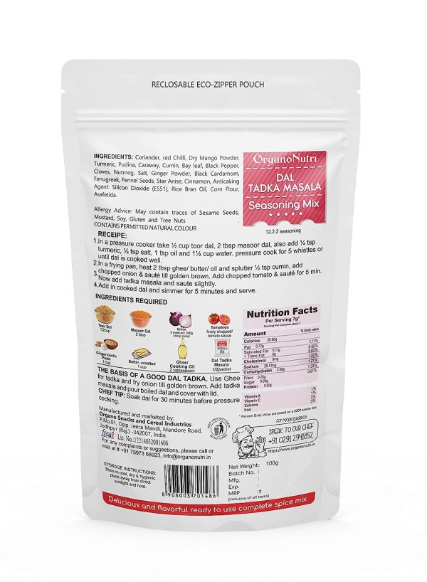 OrganoNutri Recipe Masala (Dal Tadka | 100g | Reclosable Eco Zipper Pouch):