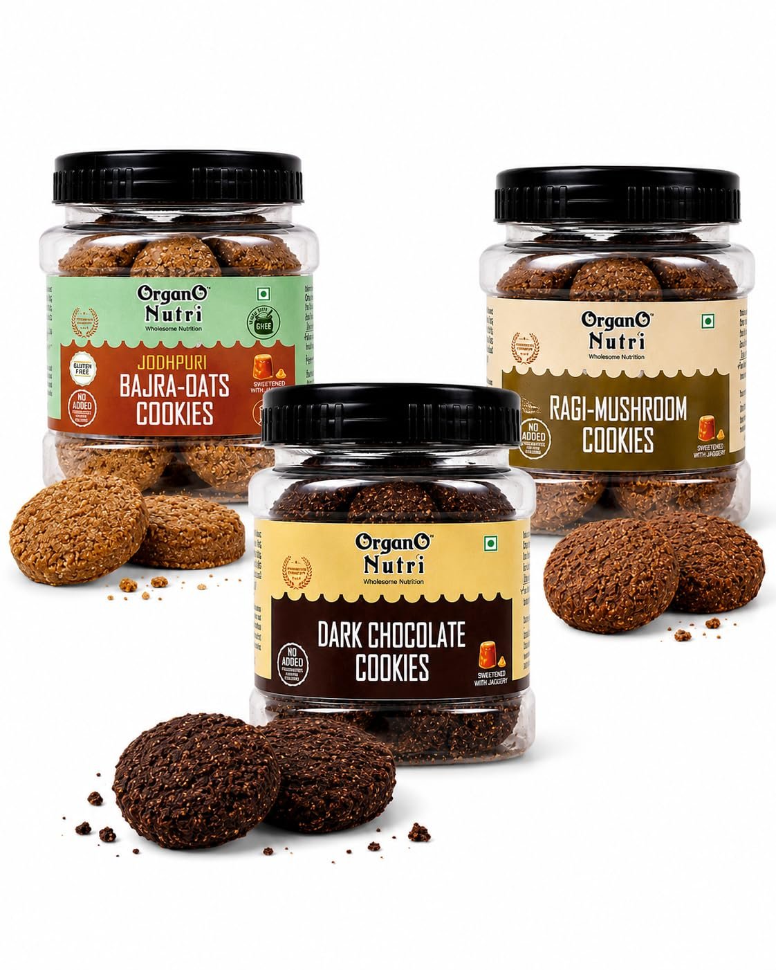 1 - OrganoNutri Three OrganO Nutri cookie jars in flavors Bajra Oats Dark Chocolate and Ragi Mushroom with cookies scattered around them on a white background