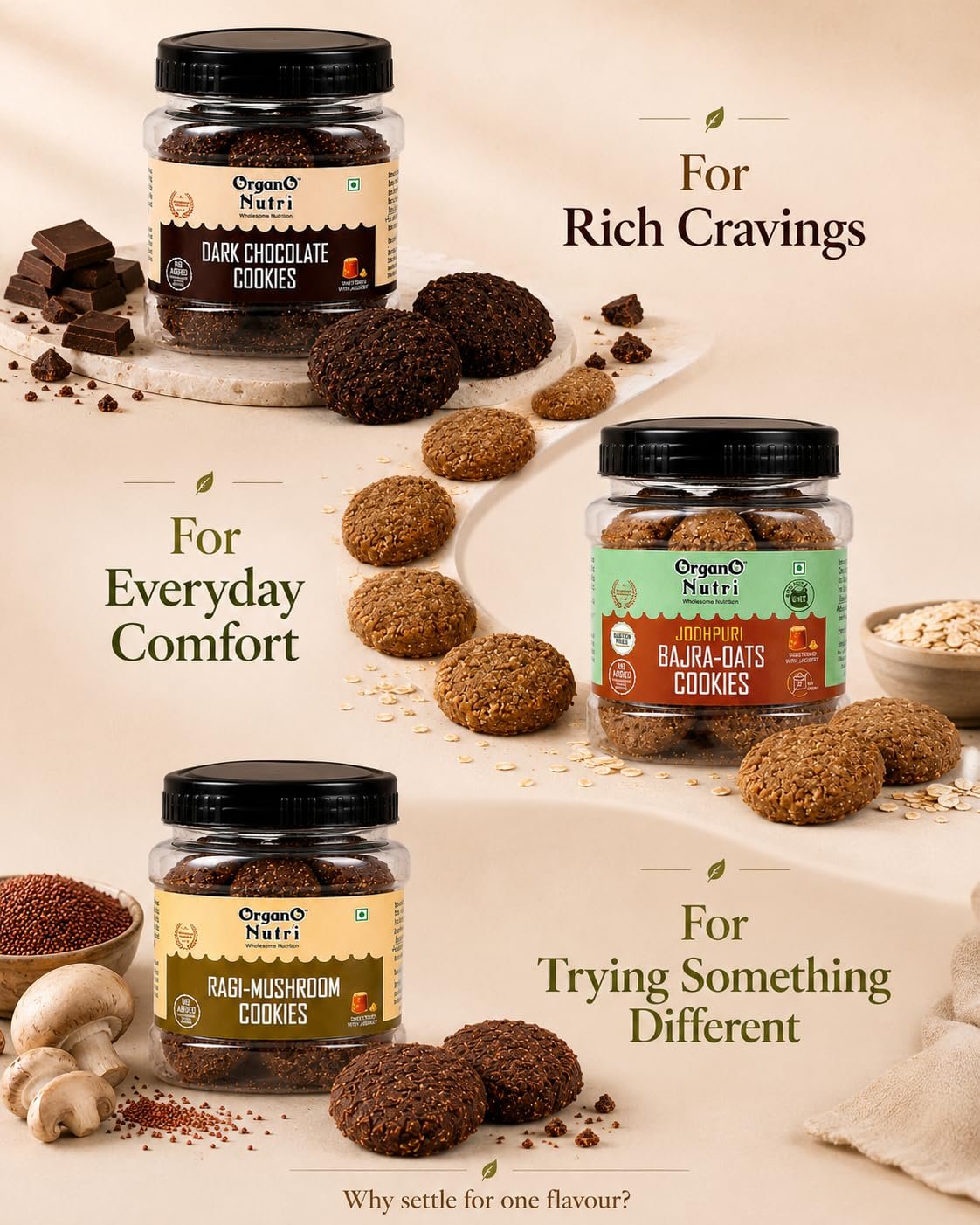 11 - OrganoNutri Three jars of Organ Nutri cookies Dark Chocolate Bajra Oats and Ragi Mushroom displayed with cookies on beige backdrop highlighting product variety