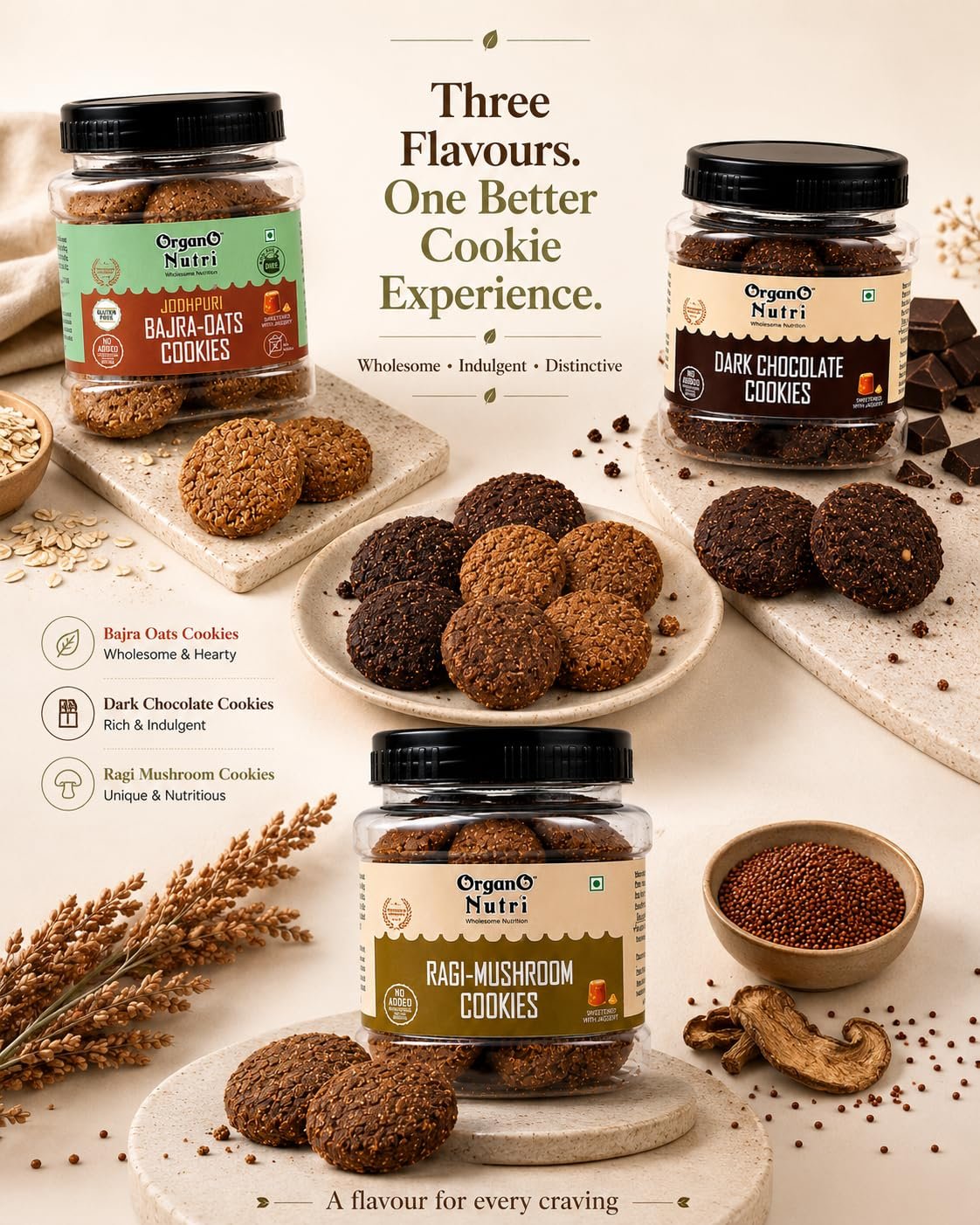 111 - OrganoNutri Assortment of OrganO Nutri cookies in jars with three flavors Bajra Oats Dark Chocolate and Ragi Mushroom on a neutral backdrop