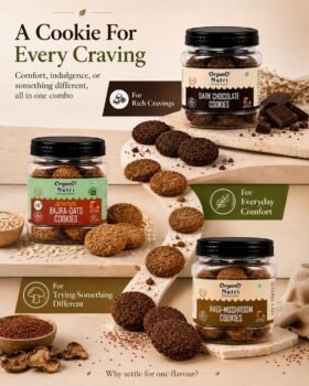 Assorted OrganO Nutri cookies in jars on a beige display with the slogan A Cookie For Every Craving in the backgroundmarketing image