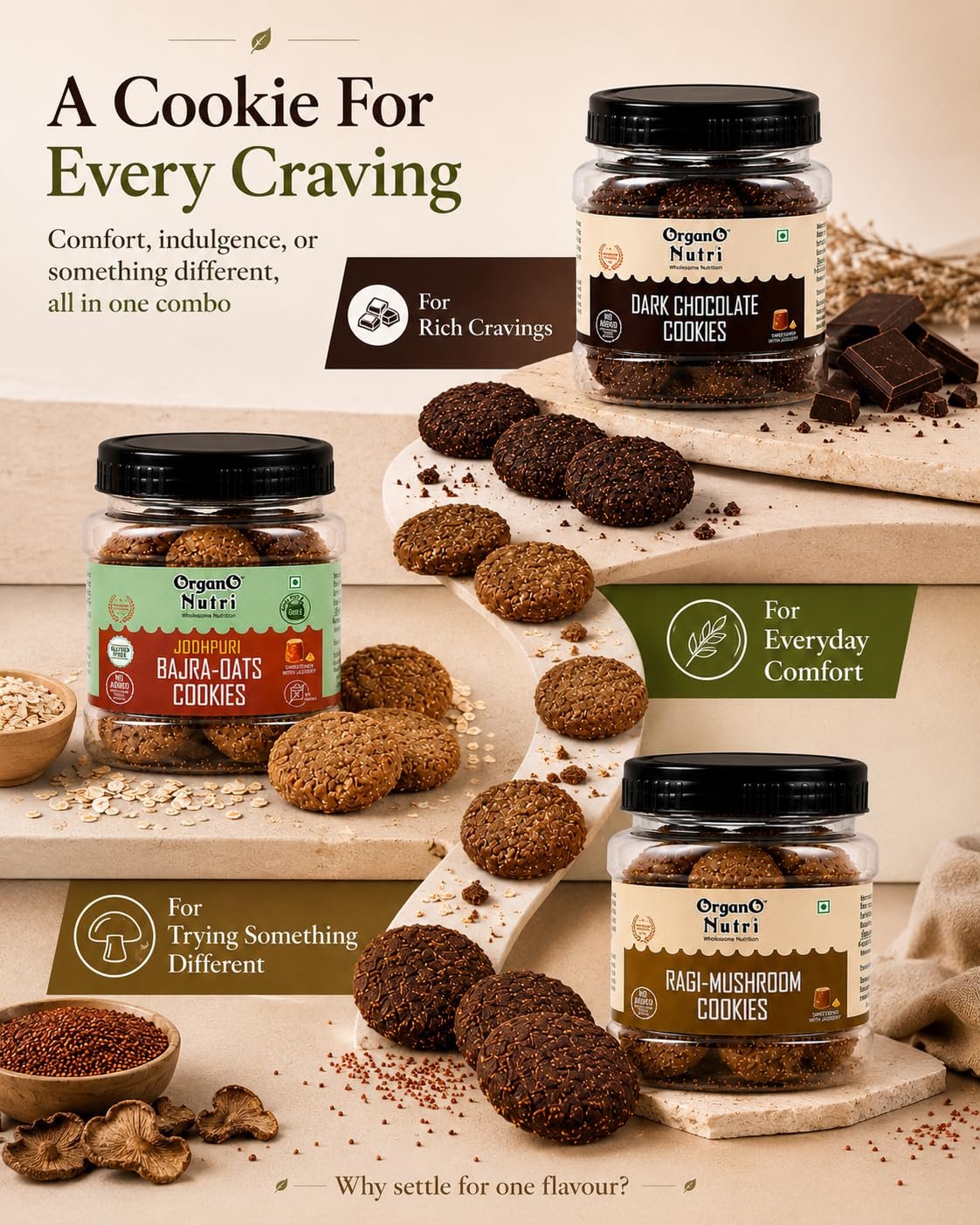 1111 - OrganoNutri Assorted OrganO Nutri cookies in jars on a beige display with the slogan A Cookie For Every Craving in the backgroundmarketing image
