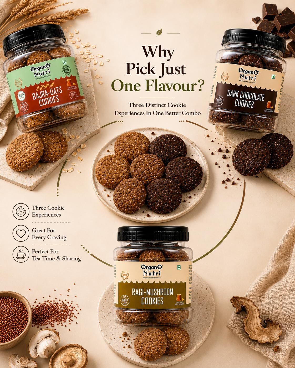 11111 - OrganoNutri Assorted Organo Nutri cookies in jars and on a plate with the slogan Why Pick Just One Flavour and three cookie experiences on a beige background