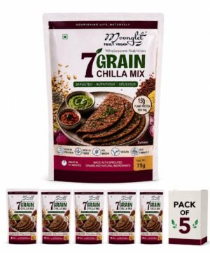 Front of Moonglet 7 Grain Chilla Mix bag showing serving idea and branding; pack of five in the background.