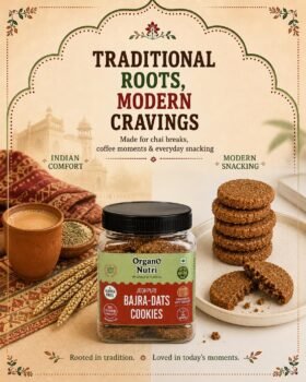 Jar labeled Bajra Dats Cookies from Organo Nutri with a stack of cookies and a cup of tea on a traditional Indian themed background Often used to convey traditional snacking