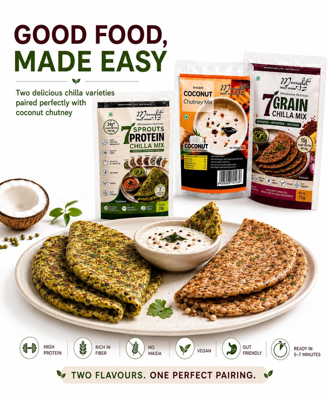 71RJJBA533L_SL1373_ - OrganoNutri Assortment of vegan protein and chutney mixes in pouches with flatbreads and a dip on a white plate slogan reads GOOD FOOD MADE EASY