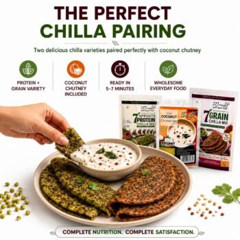 Plate of green and brown chilla wraps with a creamy dip with coconut chutney mix packets in the background an advertisement for chilla pairing