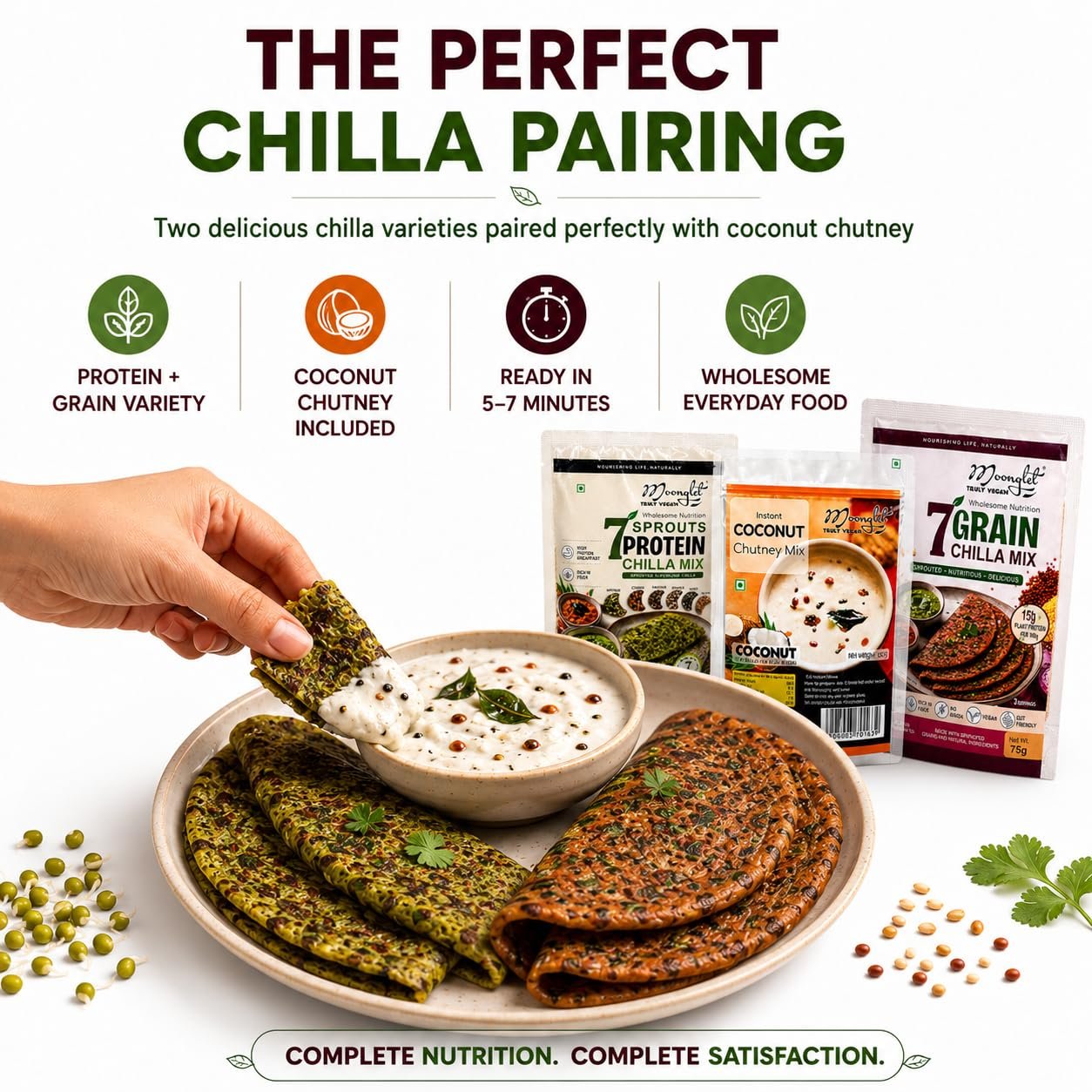 71ghOuBkYRL_SL1254_ - OrganoNutri Plate of green and brown chilla wraps with a creamy dip with coconut chutney mix packets in the background an advertisement for chilla pairing