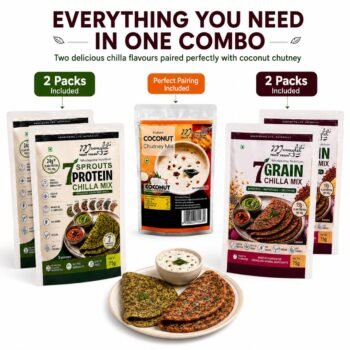 Assorted Moongelt vegan protein and grain mix pouches arranged in a row with a plate of flatbreads in front showcasing a combo offer