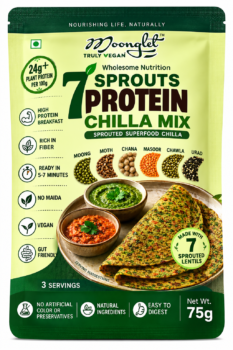 Front of a green yellow vegan protein snack package 7 Sprouts Protein Chilli Mix with images of lentils and folded flatbread shows Made with 7 Sprouted Lentils badge and serving suggestions