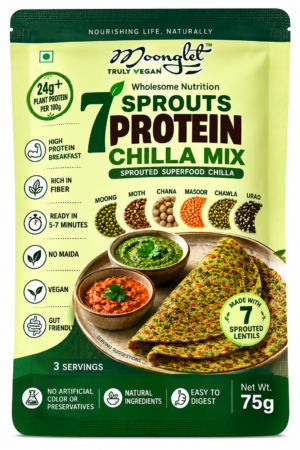Front of a green-yellow vegan protein snack package: '7 Sprouts Protein Chilli Mix' with images of lentils and folded flatbread; shows 'Made with 7 Sprouted Lentils' badge and serving suggestions.