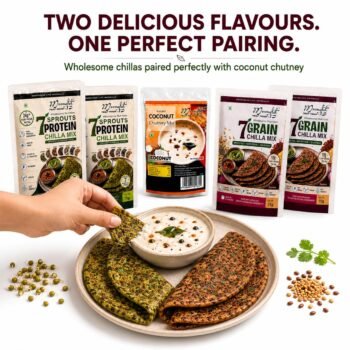 Assorted Moonglet protein chilla and grain mix pouches displayed behind a plate of chutney a hand dips a crisp chilla into the bowl Reduced background keeps focus on packaging and food