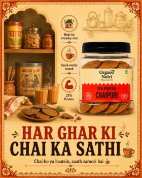 India inspired ad poster for Chaipur crackers and chai featuring a large jar of Chaipur crackers a metal canister and jars on a shelf steaming cups and the bold slogan HAR GHAR KI CHAI KA SATHI