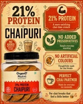 Jar of Chaipuri crackers with a vintage ad layout announcing 21 protein and no artificial colors or preservatives