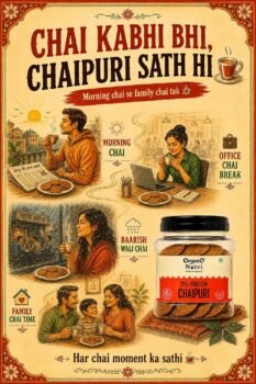 Poster advertising chai with people enjoying chai and cookies branding for Chaipur product jar in foreground text reads Har chai moment ka sathi