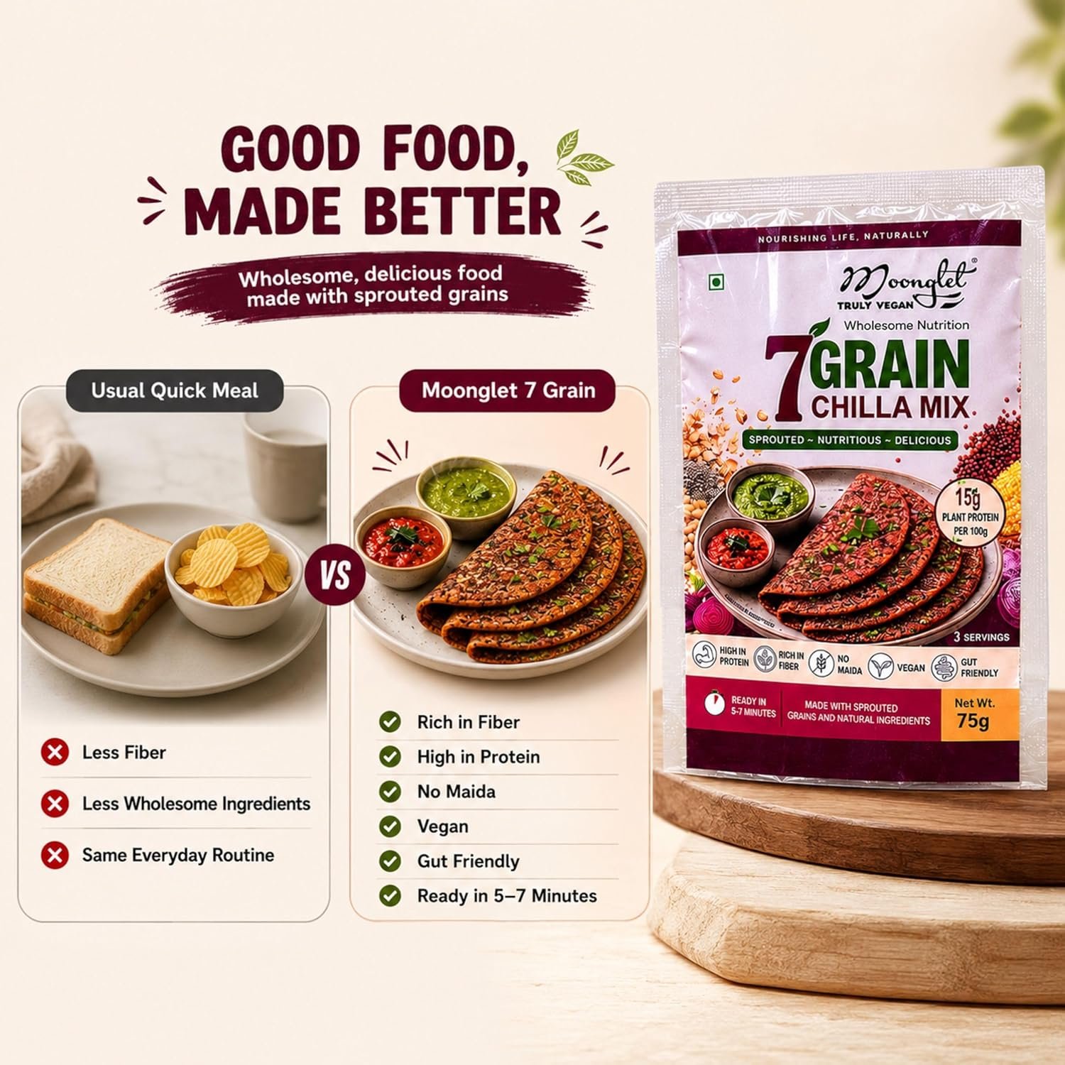 81o2nsfty2L_SL1500_ - OrganoNutri Infographic comparing a plain quick meal to Moonglet 7 Grain Chilla Mix with the product package visible on the right side
