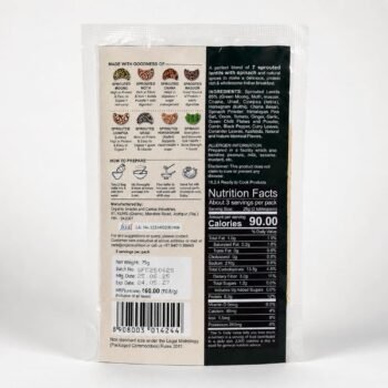 Back of a sealed snack pouch showing ingredients preparation steps and a nutrition facts panel