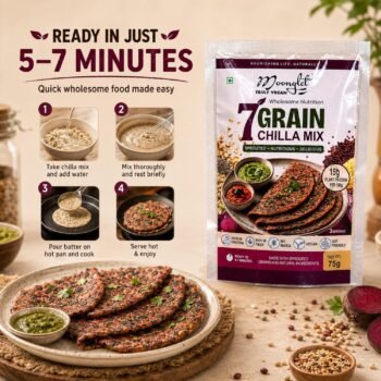 Poster style recipe panel showing Ready in 57 minutes instructions with bowls next to a pouch labeled 7 Grain Chilla Mix