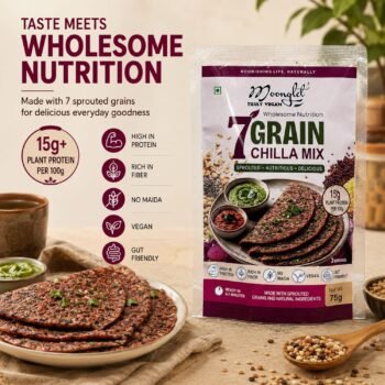 Package of Moongtel 7 Grain Chilla Mix with Wholesome Nutrition text and grilled flatbreads on a wooden table product highlights shown on left panel