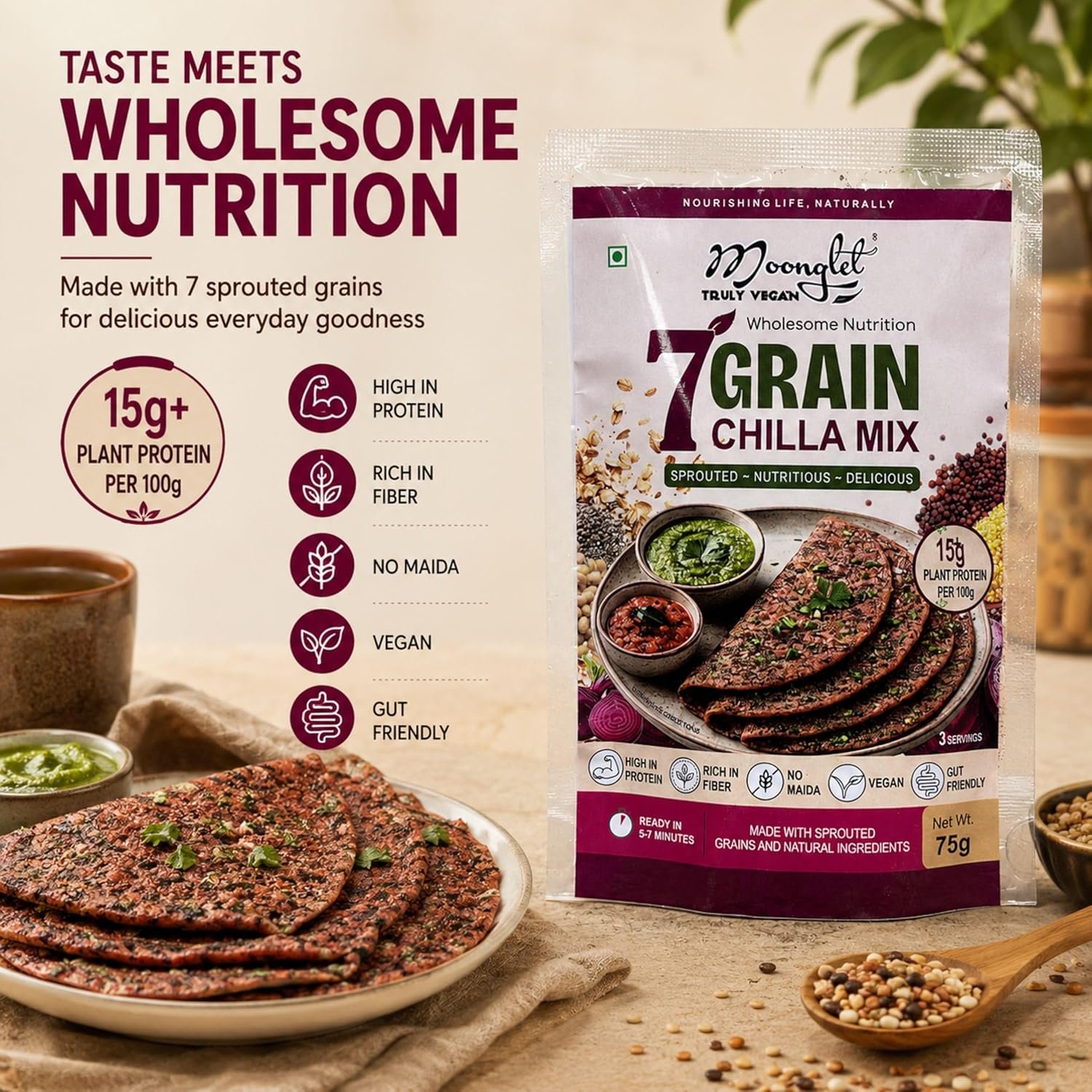 917u+DrGWOL_SL1500_ - OrganoNutri Package of Moongtel 7 Grain Chilla Mix with Wholesome Nutrition text and grilled flatbreads on a wooden table product highlights shown on left panel