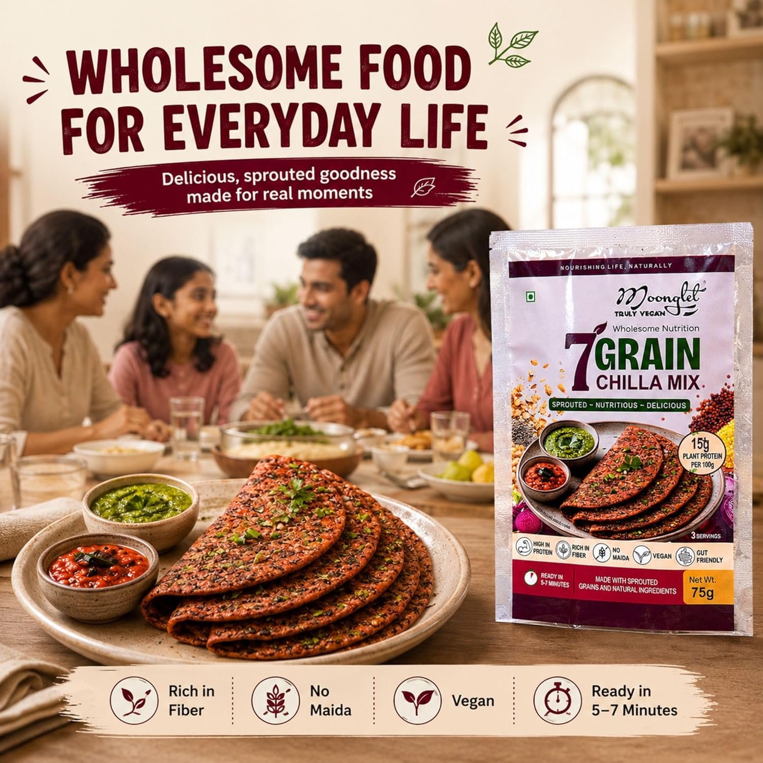 919cJ3fY+JL_SL1500_ - OrganoNutri Group of people dining at a kitchen table with a bag of 7 Grain Chilla Mix in the foreground vegan wholesome nutrition ad