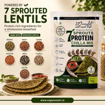 Package of 7 Sprouted Lentils protein mix beside lentil varieties and flatbreads advertising plant based breakfast