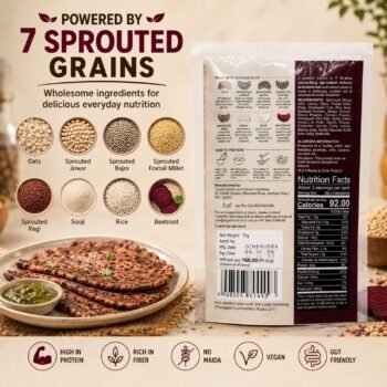 Front of a grain mix package displaying seven sprouted grains with labeled bowls oats sprouted jowar sprouted bajra sprouted foxtail millet sprouted ragi sooji rice and beetroot labels at the bottom edge