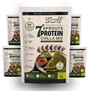 Front-and-center bag of 7 Sprouts Protein Chilla Mix with several surrounding pouches; highlights include 24g+ plant protein per 100g and ready-in minutes claims, on a white background.