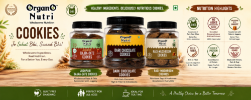 Banner for Organ Nutri cookies showing three jars on a wooden table with labels Jodhpuri Bajra Oats Dark Chocolate and Ragi Mushroom on a green and brown backdrop