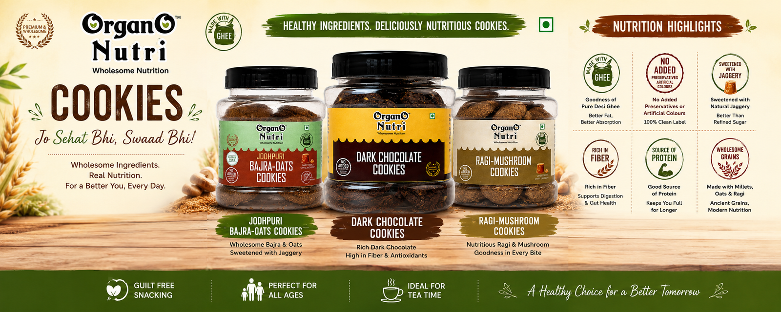 Banner for Organ Nutri cookies showing three jars on a wooden table with labels Jodhpuri Bajra-Oats, Dark Chocolate, and Ragi-Mushroom on a green and brown backdrop.