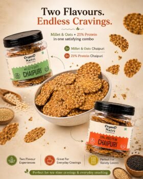 Advertisement for Chaipuri millet  oats crackers two jars and a bowl of round sesame speckled crackers with a 21 Protein claim and two flavors toothpaste style headline