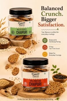 Two jars of Chaipuri sesame crackers millet  oats and 21 protein on a wooden board with scattered crackers and seeds beige backdrop product ad text nearby