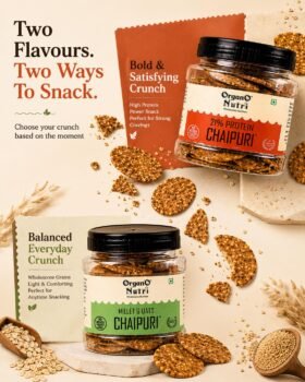 Two jars of Chaipuri crackers with scattered sesame crackers and text Bold  Satisfying Crunch and Balanced Everyday Crunch on a beige background