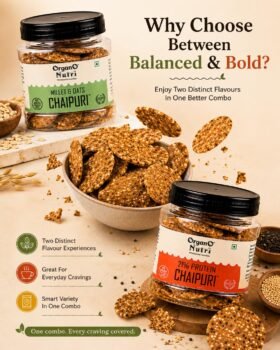Jar of Organo Nutri ChaipurI sesame crackers with a bowl of crackers green and red label jars and the slogan Why Choose Between Balanced  Bold Enjoy Two Distinct Flavours In One Better Combo