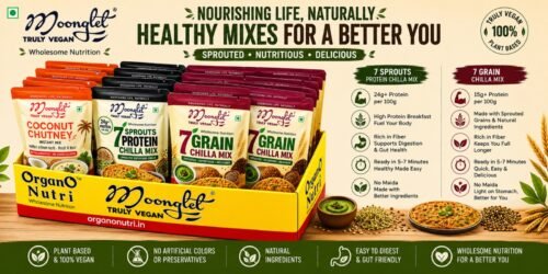 Assorted Moonglet vegan mixes in a bright yellow display box 7 Sprouts Protein Chilla Mix 7 Grain Chilla Mix and Coconut Chutney packets