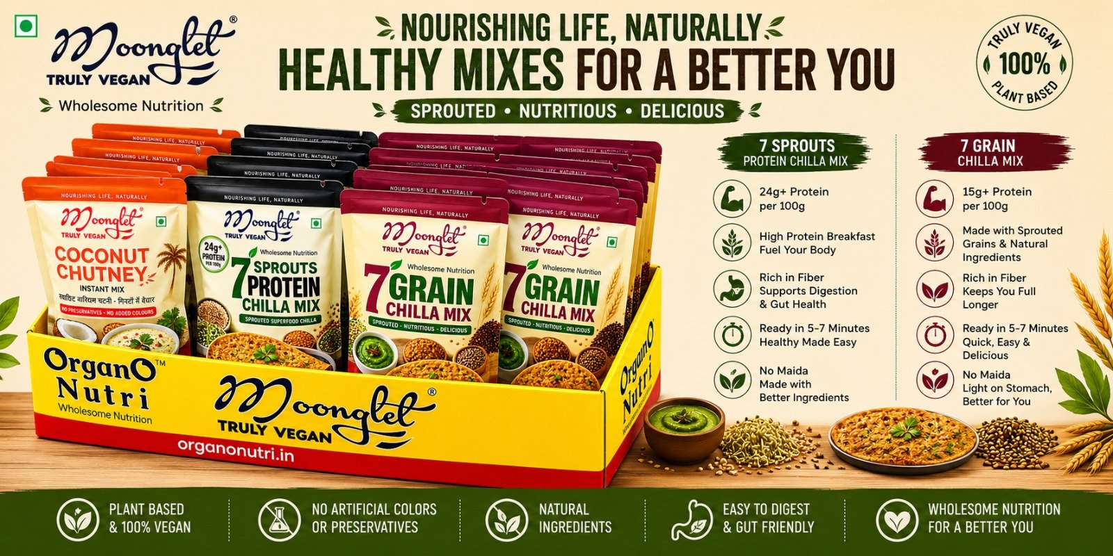 Assorted Moonglet vegan mixes in a bright yellow display box: 7 Sprouts Protein Chilla Mix, 7 Grain Chilla Mix, and Coconut Chutney packets.