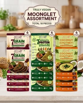 Banner showing a Truly Vegan Moonglet Assortment with three vegan snack packs Grain Chilla Mix Protein Chilla Mix Coconut Chutney 18 pieces