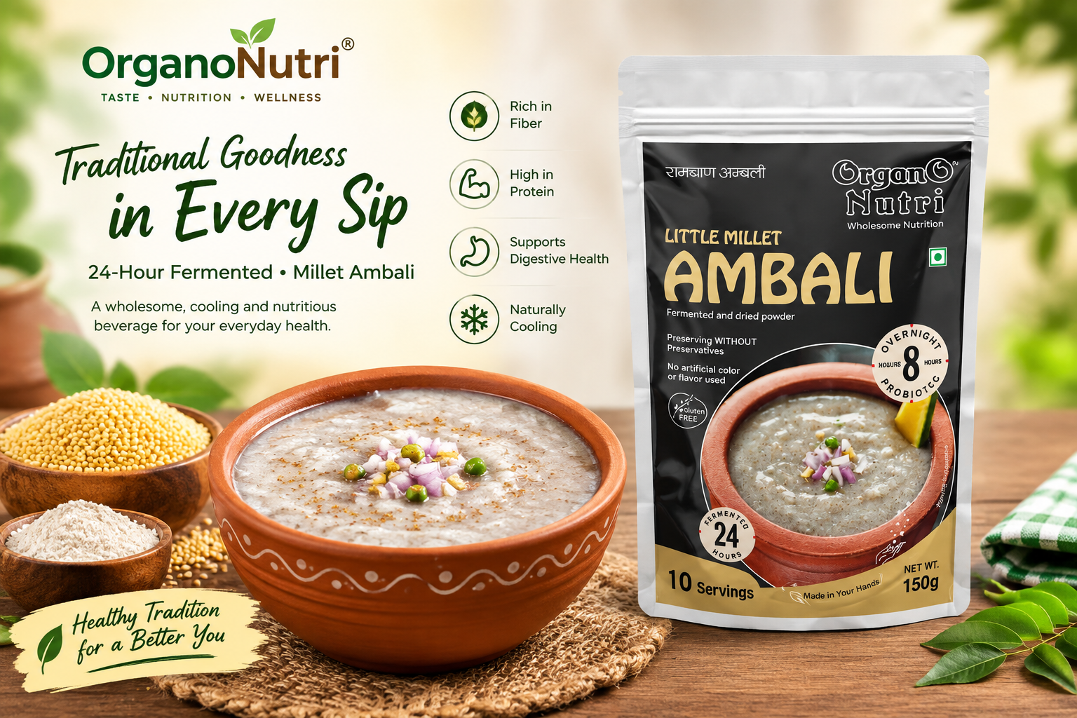OrganoNutri Little Millet Ambali packaging beside a bowl of creamy millet porridge on a wooden table