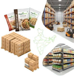 Collage showing packaged foods a pallet of boxes a smaller shipment box a green Italy map outline a warehouse forklift area and stocked shelvesillustrating food logistics in Italy