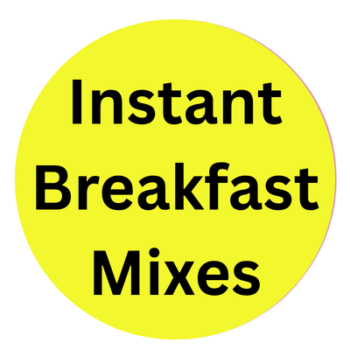 Bright yellow circular badge reading Instant Breakfast Mixes in bold black letters