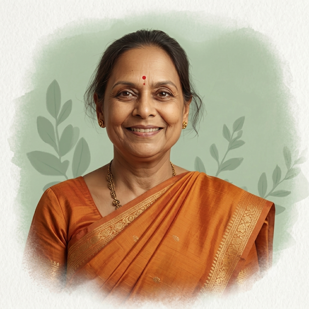 Smiling Indian woman in an orange saree with gold borders wearing a bindi and jewelry posed against a soft green leafy backdrop